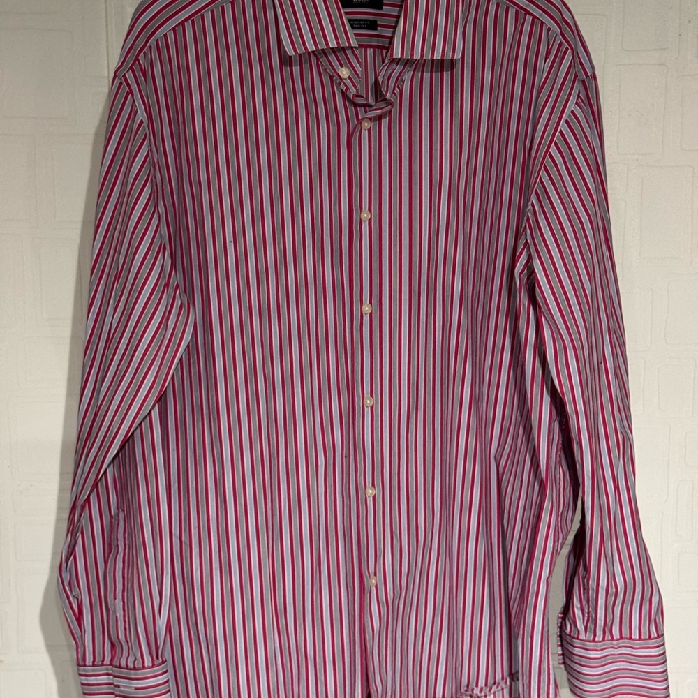 Hugo Boss Red and White Striped Casual Shirt